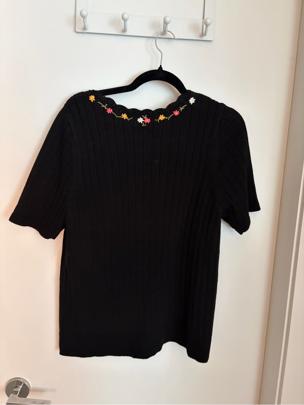 Sezane Black Ribbed Knit Top with Floral Embroidery - Picture 6 of 6